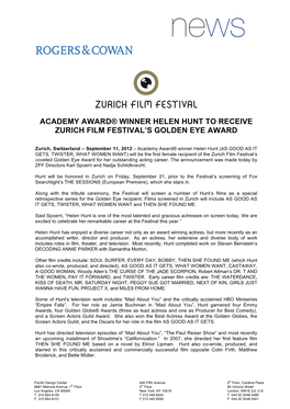 Academy Award® Winner Helen Hunt to Receive Zurich Film Festival’S Golden Eye Award