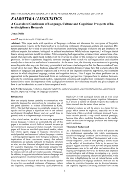 KALBOTYRA / LINGUISTICS a Co-Evolved Continuum of Language, Culture and Cognition: Prospects of In- Terdisciplinary Research