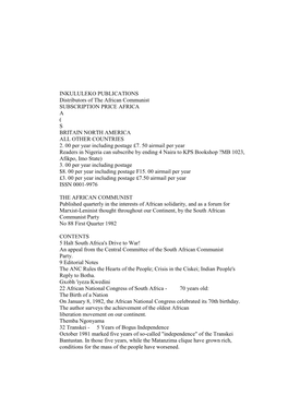 INKULULEKO PUBLICATIONS Distributors of the African Communist SUBSCRIPTION PRICE AFRICA a ( S BRITAIN NORTH AMERICA ALL OTHER COUNTRIES 2