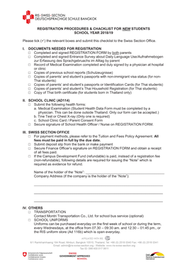 REGISTRATION PROCEDURES & CHACKLIST for NEW STUDENTS SCHOOL YEAR 2018/19 Please Tick (9) the Relevant Boxes and Submit This