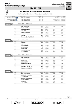 START LIST 60 Metres Hurdles Men - Round 1 First 4 in Each Heat (Q) and the Next 4 Fastest (Q) Advance to the Semi-Finals