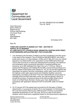 Land South of Lichfield Road, Branston, Burton Upon Trent, Staffordshire (Application Ref: P/2011/01243/Jpm)