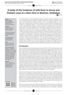 A Study of the Incidence of Milk Fever in Jersey and Holstein Cows at a Dairy Farm in Beatrice, Zimbabwe