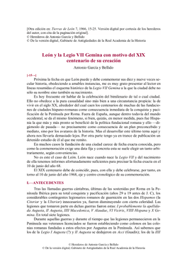 León Y La Legio VII Gemina Con Motivo Del XIX Centenario De Su Creación Antonio García Y Bellido