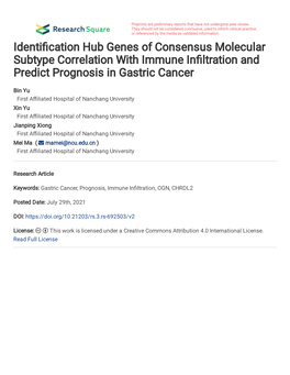 Identi Cation Hub Genes of Consensus Molecular Subtype Correlation