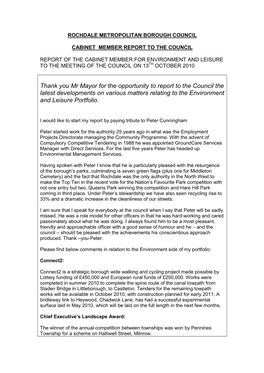 Thank You Mr Mayor for the Opportunity to Report to the Council the Latest Developments on Various Matters Relating to the Environment and Leisure Portfolio