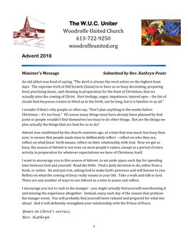 The W.U.C. Uniter Woodroffe United Church 613-722-9250 Woodroffeunited.Org Advent 2016