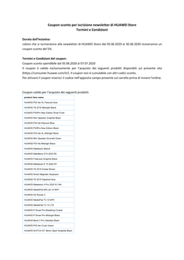 Coupon Sconto Per Iscrizione Newsletter Di HUAWEI Store Termini E Condizioni