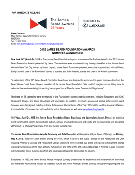 2015 James Beard Foundation Awards Nominees Announced