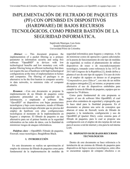 Implementación De Filtrado De Paquetes (Pf) Con Openbsd En Dispositivos (Hardware) De Bajos Recursos Tecnológicos, Como Primer Bastión De La Seguridad Informática