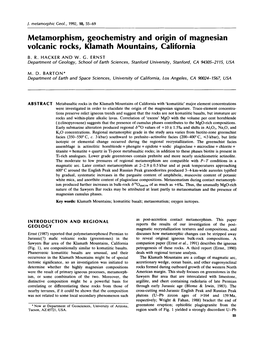 Metamorphism, Geochemistry and Origin of Magnesian Volcanic Rocks, Klamath Mountains, California