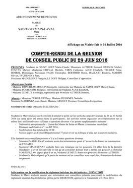 Compte-Rendu De LA REUNION DE Conseil Public Du 29 Juin 2016