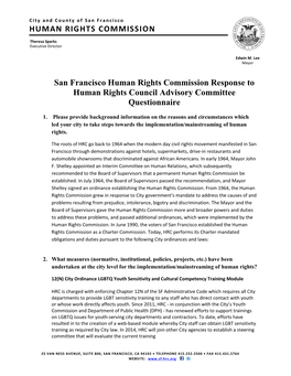 San Francisco Human Rights Commission Response to Human Rights Council Advisory Committee Questionnaire HUMAN RIGHTS COMMISSION