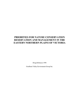 Priorities for Nature Conservation Reservation and Management in the Eastern Northern Plains of Victoria