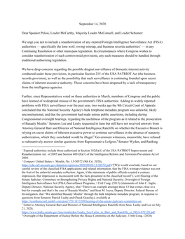 September 14, 2020 Dear Speaker Pelosi, Leader Mccarthy, Majority Leader Mcconnell, and Leader Schumer: We Urge You Not to Incl