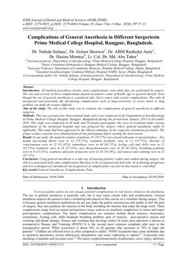 Complications of General Anesthesia in Different Surgeriesin Prime Medical College Hospital, Rangpur, Bangladesh