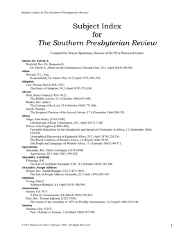 Subject Index for the Southern Presbyterian Review