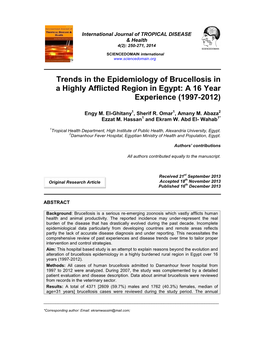Trends in the Epidemiology of Brucellosis in a Highly Afflicted Region in Egypt: a 16 Year Experience (1997-2012)
