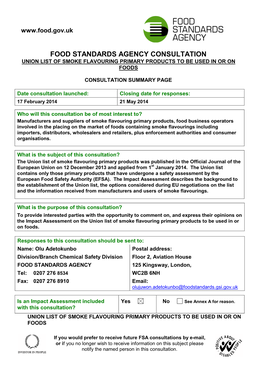 Food Standards Agency Consultation Union List of Smoke Flavouring Primary Products to Be Used in Or on Foods