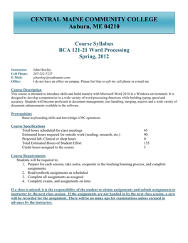 Course Syllabus BCA 121-21 Word Processing Spring, 2012