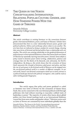 Conceptualising International Relations, Popular Culture, Gender, and How Feminine Power Won the Game of Thrones Amanda Digioia University College London