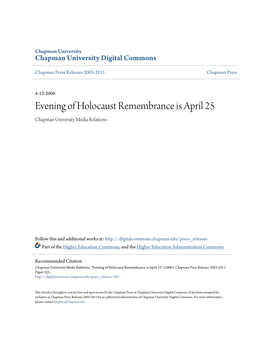 Evening of Holocaust Remembrance Is April 25 Chapman University Media Relations