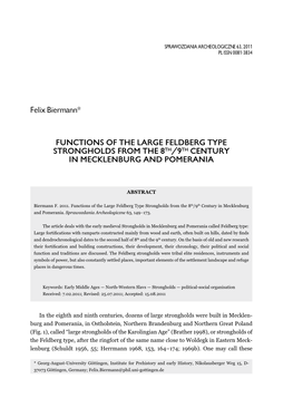 Functions of the Large Feldberg Type Strongholds from the 8Th/9Th Century in Mecklenburg and Pomerania