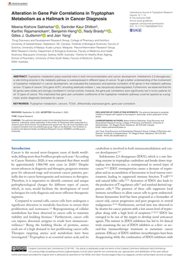 Alteration in Gene Pair Correlations in Tryptophan Metabolism As a Hallmark in Cancer Diagnosis