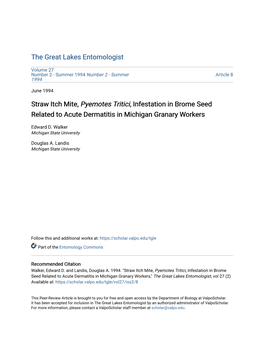 Straw Itch Mite, Pyemotes Tritici, Infestation in Brome Seed Related to Acute Dermatitis in Michigan Granary Workers