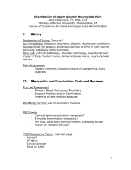 1 Examination of Upper Quarter Neurogenic Pain Jane Fedorczyk