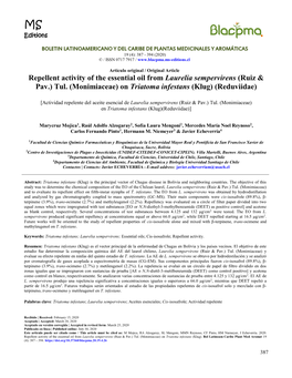 Repellent Activity of the Essential Oil from Laurelia Sempervirens (Ruiz & Pav.) Tul