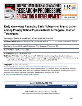 Early Knowledge Regarding Basic Subjects on Menstruation Among Primary School Pupils in Kuala Terengganu District, Terengganu