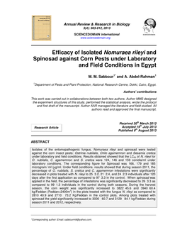 Efficacy of Isolated Nomuraea Rileyi and Spinosad Against Corn Pests Under Laboratory and Field Conditions in Egypt
