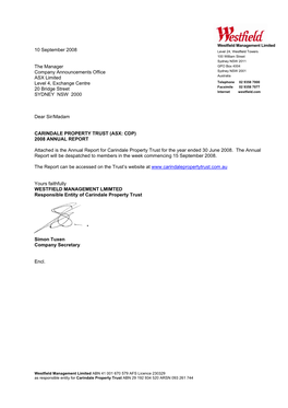 10 September 2008 the Manager Company Announcements Office ASX Limited Level 4, Exchange Centre 20 Bridge Street SYDNEY NSW 20