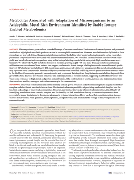 Metabolites Associated with Adaptation of Microorganisms to an Acidophilic, Metal-Rich Environment Identiﬁed by Stable-Isotope- Enabled Metabolomics