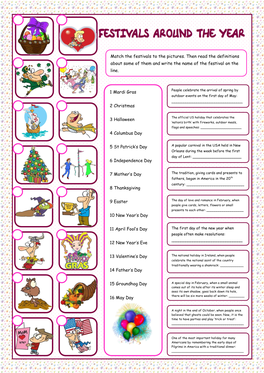 Match the Festivals to the Pictures. Then Read the Definitions About Some of Them and Write the Name of the Festival on the Line