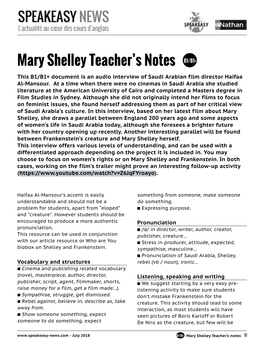 Mary Shelley Teacher's Notes