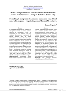 A Tonsura Como Mecanismo De Afastamento Político No Reino Hispano – Visigodo De Toledo (Século VII)