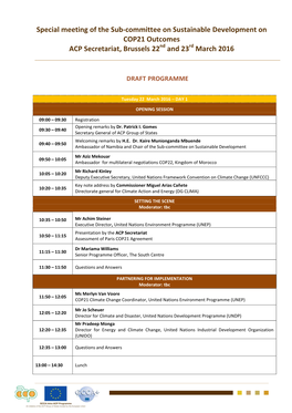Special Meeting of the Sub-Committee on Sustainable Development on COP21 Outcomes ACP Secretariat, Brussels 22Nd and 23Rd March 2016