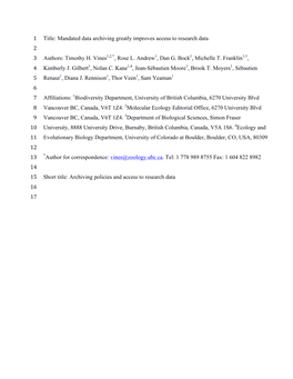 Title: Mandated Data Archiving Greatly Improves Access to Research Data 2 3 Authors: Timothy H