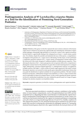 Probiogenomics Analysis of 97 Lactobacillus Crispatus Strains As a Tool for the Identiﬁcation of Promising Next-Generation Probiotics