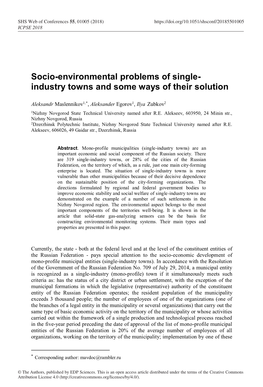 Socio-Environmental Problems of Single-Industry Towns and Some