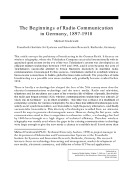 The Beginnings of Radio Communication in Germany, 1897-1918