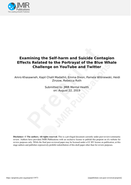 Examining the Self-Harm and Suicide Contagion Effects Related to the Portrayal of the Blue Whale Challenge on Youtube and Twitter