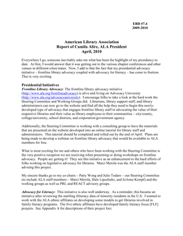 American Library Association Report of Camila Alire, ALA President April, 2010
