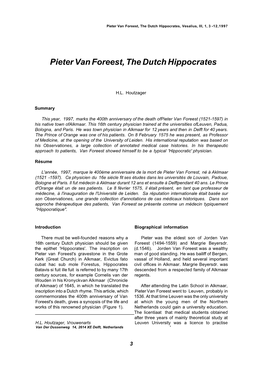Pieter Van Foreest, the Dutch Hippocrates, Vesalius, III, 1, 3 -12,1997