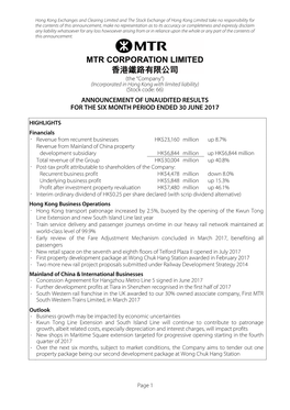 MTR CORPORATION LIMITED 香港鐵路有限公司 (The “Company”) (Incorporated in Hong Kong with Limited Liability) (Stock Code: 66)