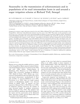 Seasonality in the Transmission of Schistosomiasis and in Populations of Its Snail Intermediate Hosts in and Around a Sugar Irrigation Scheme at Richard Toll, Senegal