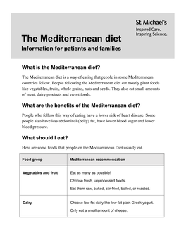 The Mediterranean Diet Information for Patients and Families