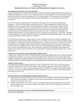 BOARD of REGENTS BRIEFING PAPER Handbook Revision, ACT Scores and Placement Into College-Level Courses